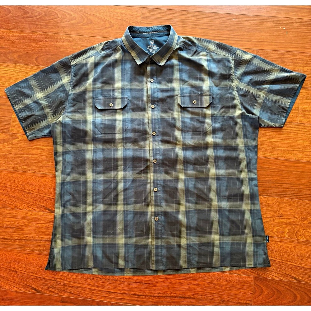 Kuhl Men's Big & Tall 3XL Plaid Short Sleeve Button-Up Shirt Pockets Blue